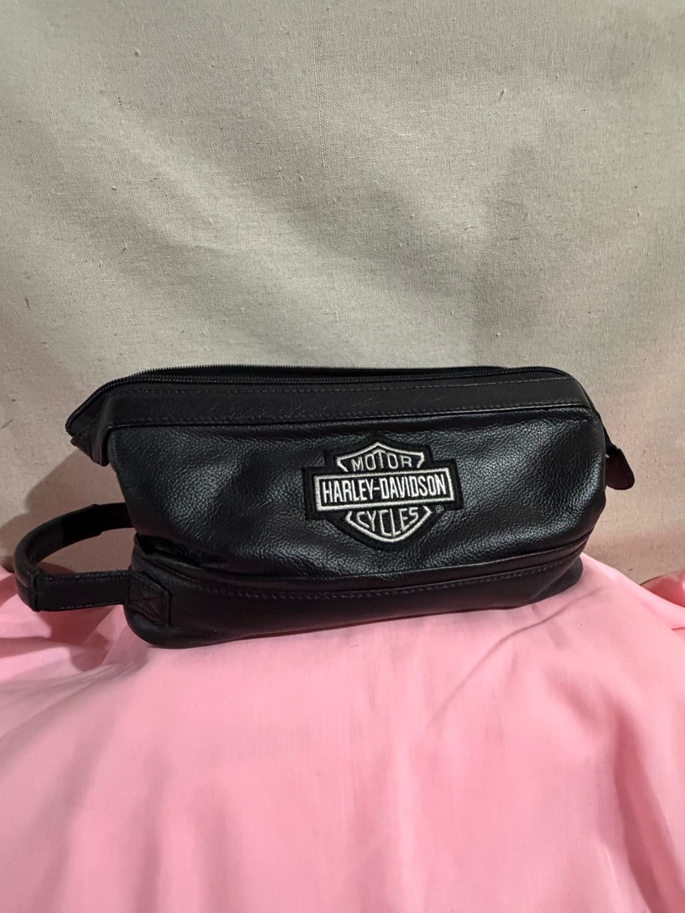 Harley-Davidson Black Leather Zip Toiletry Bag with Patch Logo